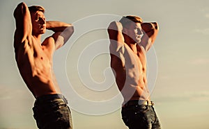 Aim and success. twins muscular men. athletic man sexy body. Success is getting what you want. Promotion of health. In