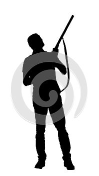 Aiming hunter man with shotgun rifle vector silhouette illustration isolated on white background.