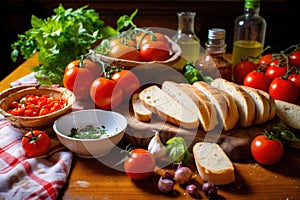 aimless spread of bread, tomato, olive oil, and garlic on table