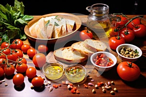 aimless spread of bread, tomato, olive oil, and garlic on table photo
