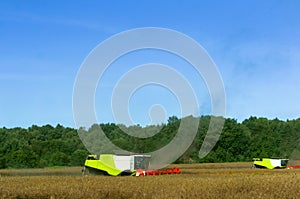 Two agricultural machines operate in the field, grain harvesting machines operate in the field, agricultural land