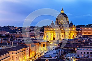 aint Peter Basilica in Vatican City at Rome, Italy and Street Via della Conciliazione at sunset sky