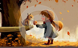 ainting of cute girl feeding squirrel in autumn park, acrylic on canvas - ai generated