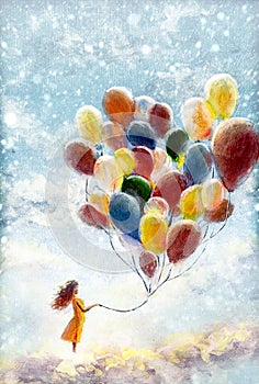Ainting happiness concept, positive emotions, happy girl with multicolored balloons enjoying on clouds in sky