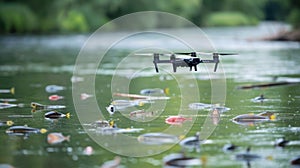 An AIpowered drone hovering above a river collecting data on fish populations to aid in conservation efforts photo