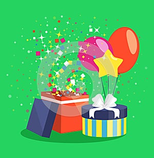 Air Ball Balloon Giftbox Gift and Confetti on Green photo