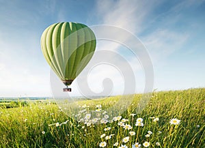 Air ballon above field with flowers at the summer time