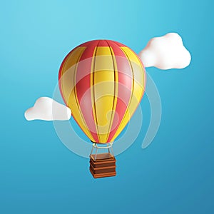 Air balloon with clouds 3D render illustration. Realistic balloon in the blue sky for travel and adventure. Colorful