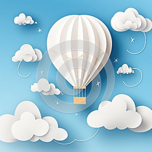 Air balloon, Clouds and Sky paper cutting wallpaper, Origami 3d, Creative composition for banner landing page background