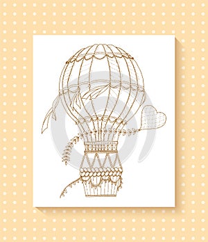 Air balloon and doodle heart. Zentangle inspired pattern with aerostat for coloring book for adults and kids.