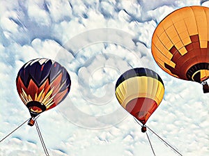 Air balloon flying in blue sky. Hot air balloons festival sketch banner template.
