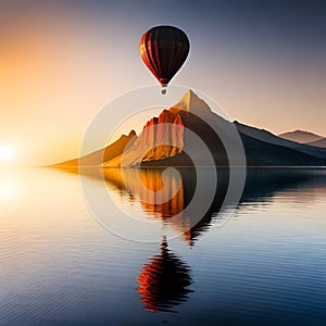 Air balloon flying over a lake.