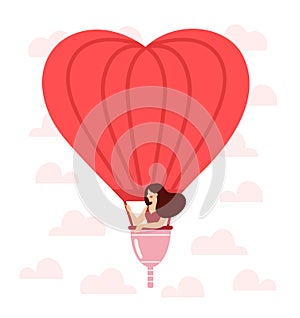 Air balloon with menstrual cup concept. Woman having menstrual period, menstruation, premenstrual syndrome, PMS, female