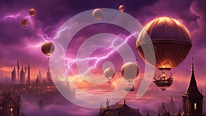 air balloon in night A steampunk lightning storm over a city in purple light. The city is a floating island