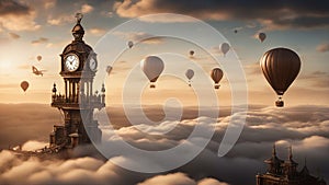 air balloon over sunset A steampunk landscape with a clock tower rising above the clouds.
