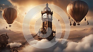 air balloon in the sky A steampunk landscape with a clock tower rising above the clouds.