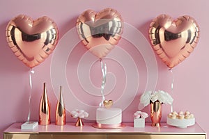 Air Balloons of heart shaped foil on pastel pink background. Love concept. Holiday celebration, generative ai