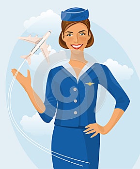 Air beautiful hostess. Stewardess holding ticket in her hand. Woman in official clothes