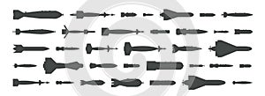 Air bomb top view icon. Black silhouette of aircraft rockets, ballistic missiles, torpedos, atomic warhead icons photo
