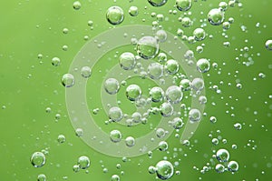 Air bubbles in liquid. Abstract green background. Macro