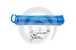 Air Compressor Blow Gun with Coiled Blue Hose on White Background