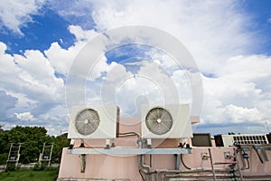 Air compressors on roof of factory