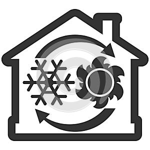 Air condition system icon, house with snowflake, sun and arrows