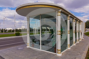 Air conditioned bus stop in modern Ashgabat, Turkmenist photo