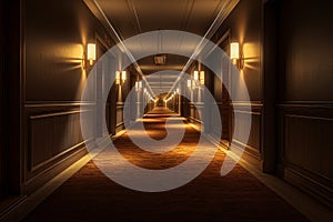 Air-conditioned Interior long hotel corridor. Generate Ai