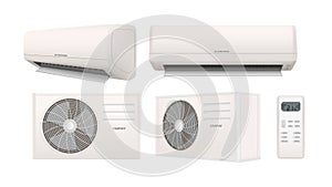 Air conditioner 3d vector illustration in realistic style. Air condition split system set isolated on white background