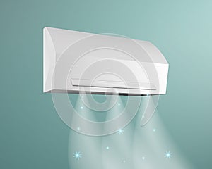 Air conditioner on the background of blue wall vector illustration. Blows cold air with snowflakes.