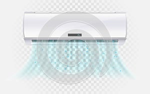 Air conditioner with cold wind waves . Air conditioner with flows of cold air. Electronic modern appliance for controlling