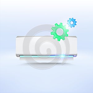 Air conditioner with gears. Service and repair. AC maintenance. 3D vector illustration.