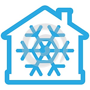 Air conditioner icon, house with snowflake as blue contiur