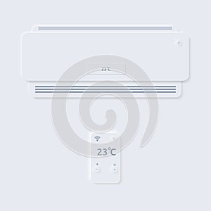 Air conditioner with remote control. Neomorphism style. White background. Minimalism. For mobile apps and user interface