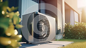 An air conditioner sitting on the side of a building. Can be used to illustrate cooling systems or energy efficiency