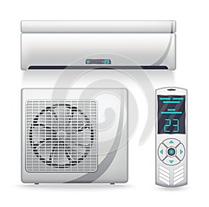 Air conditioner system - realistic set with cooling or heating equipment. Electronic appliance or device to clean