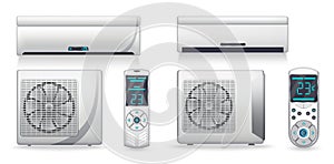 Air conditioner system - realistic set with cooling or heating equipment. Electronic appliance or device to clean