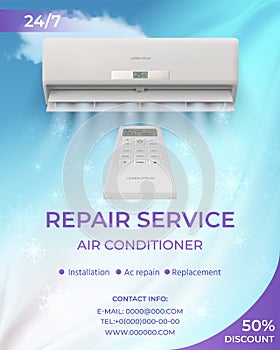 Air conditioner system repair service promo flyer. Advertising poster with realistic split blow cold wind, snow and