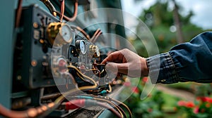 air conditioner technician using manifold gauge checking refrigerant for filling home air conditioning and air duct cleaning and