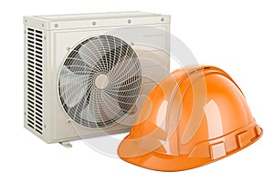 Air conditioner unit with orange hard hat. Repair and tech support of air conditioners concept, 3D rendering