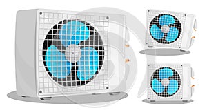 Air conditioner unit with three bladed fan. Room cooling and heating. Maintaining comfortable temperature in office. Cartoon
