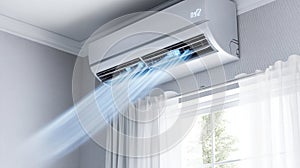 Air conditioner unit on a wall with cool air blowing. Indoor climate control and cooling concept. Design for advertisement and