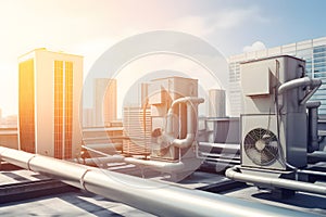 Air conditioner units HVAC on a roof of industrial building with blue sky and clouds in the background. Neural network