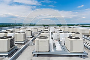 Air conditioner units HVAC on a roof of industrial building with blue sky and clouds in the background. Neural network