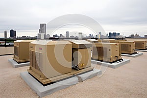 Air conditioner units HVAC on a roof of industrial building with blue sky and clouds in the background. Neural network