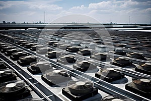 Air conditioner units HVAC on a roof of industrial building with blue sky and clouds in the background. Neural network