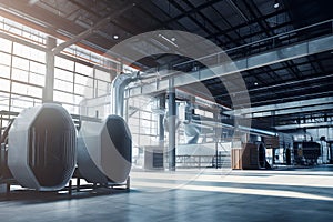 Air conditioner units HVAC on a roof of industrial building with blue sky and clouds in the background. Neural network