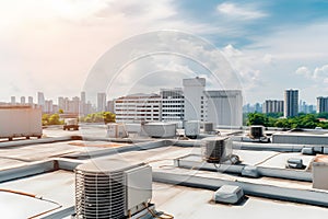 Air conditioner units HVAC on a roof of industrial building with blue sky and clouds in the background. Neural network