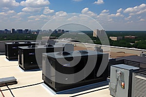 Air conditioner units HVAC on a roof of industrial building with blue sky and clouds in the background. Neural network